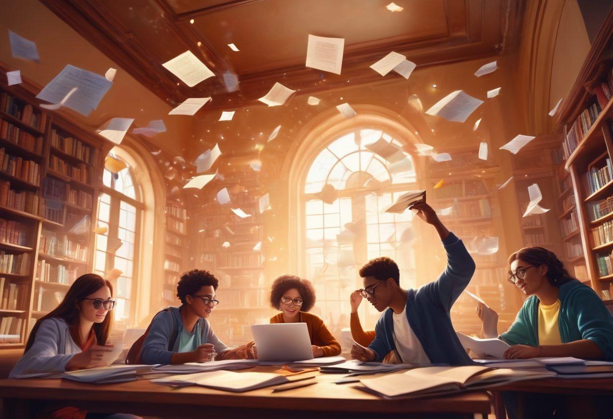 A motivational scene depicting a diverse group of students studying together, surrounded by books and laptops, with glowing scholarship and grant certificates floating in the air. The background features an inspiring university campus with landmarks. The atmosphere is filled with excitement and hope for the future. super-realistic. vibrant colors. 3D.