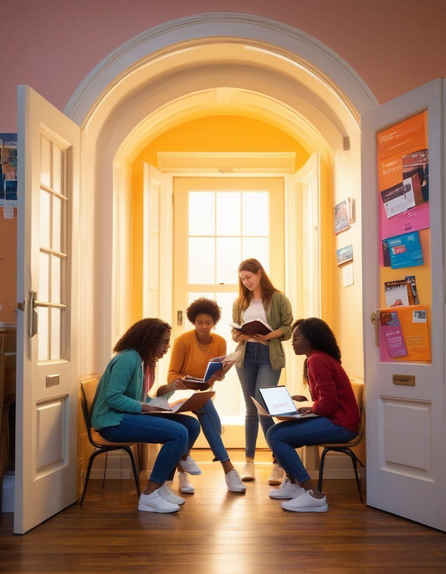 A diverse group of enthusiastic college students exploring various scholarship options, surrounded by colorful brochures and laptops, illuminated by a warm light symbolizing hope and opportunity. In the background, a large, open door represents 'unlocking' potential futures. The scene conveys excitement and possibility, with a motivational vibe. vibrant colors. super-realistic.