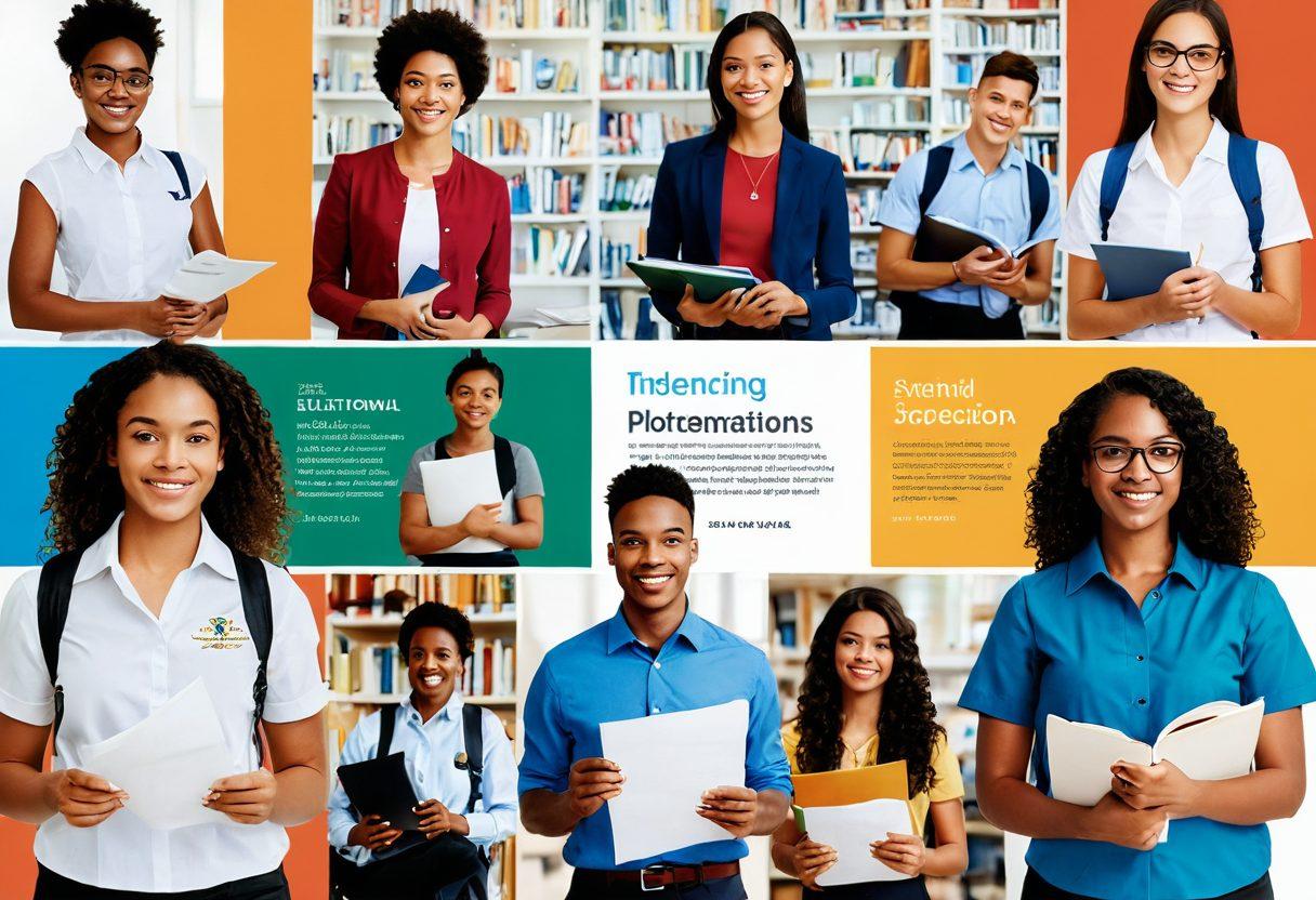 A vibrant, modern collage showcasing a diverse group of students and professionals navigating the educational funding process. Include visual elements like application forms, scholarship certificates, and a pathway symbolizing success, with warm, inviting colors that evoke optimism. Set against a backdrop of an academic institution or library, blended with motivational quotes in an engaging font, highlighting the journey from application to award. super-realistic. vibrant colors. white background.
